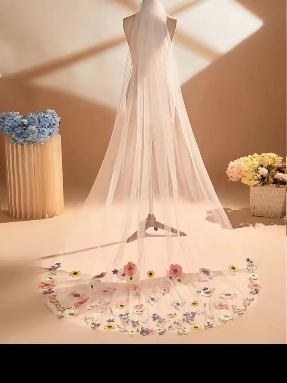 Floral Embroidered  White Veil Chapel Length